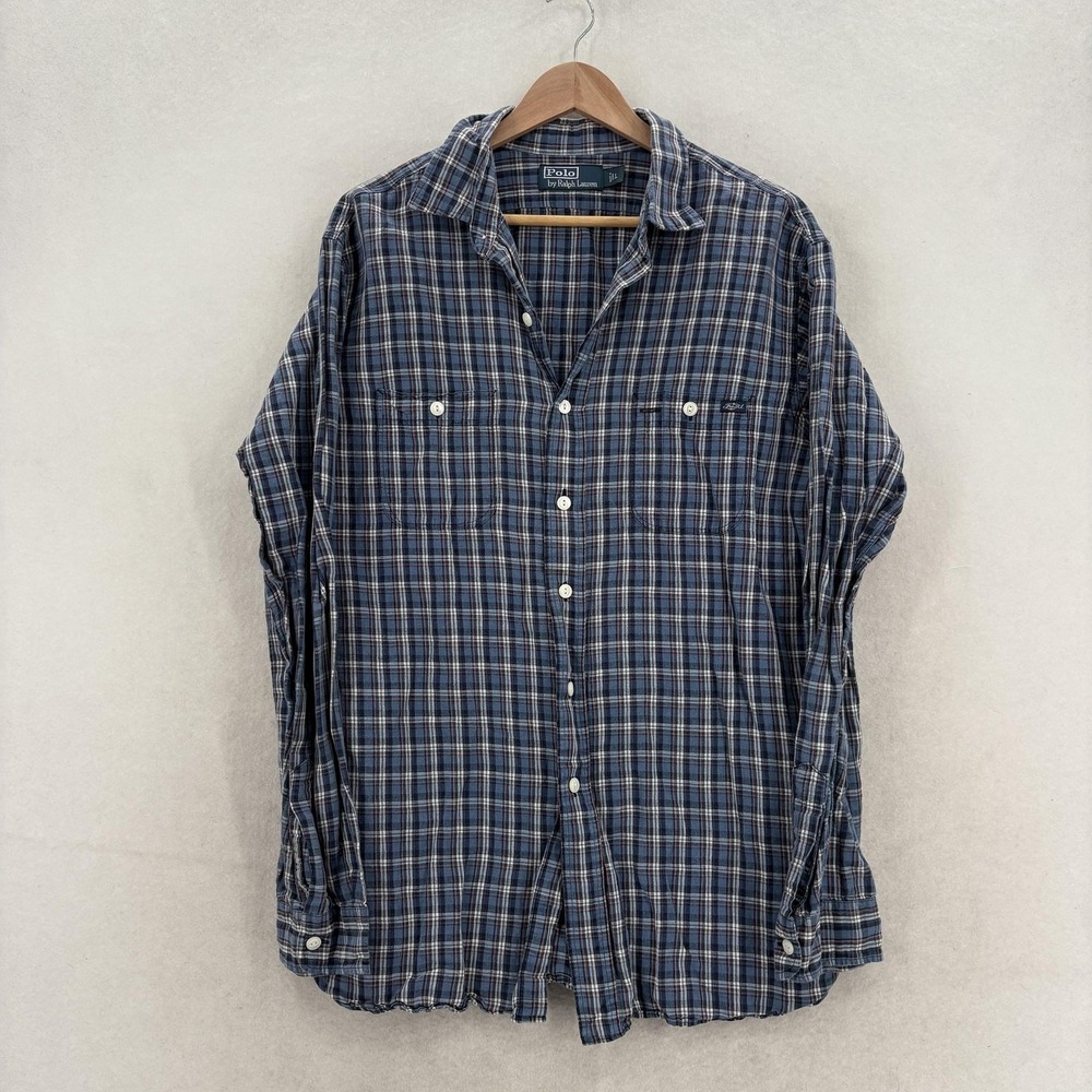 Polo Ralph Lauren Shirt Mens Large Blue Plaid Long Sleeve Button Up Linen Blend